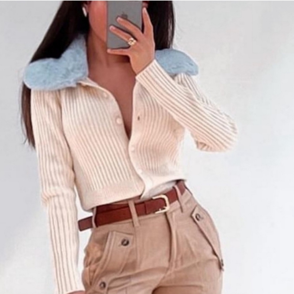 Zara Faux Fur Lapel Collar Knit Cardigan - Picture 1 of 16